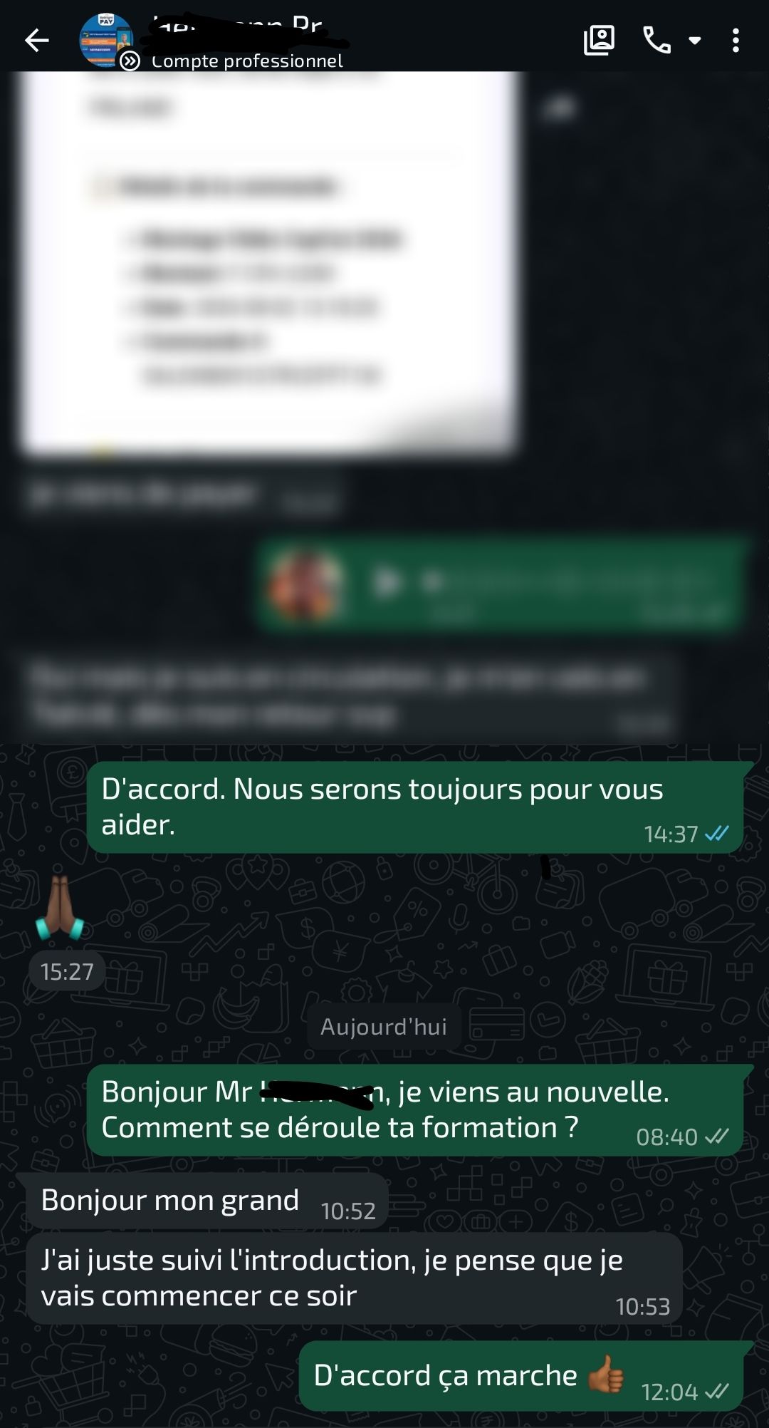 Échange WhatsApp : Un premier point pour savoir comment l’apprenant avance dans sa formation.